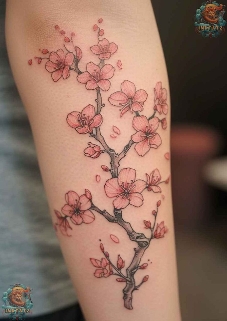 Cherry blossom tree tattoo with a design that incorporates a pagoda, symbolizing peace and harmony.