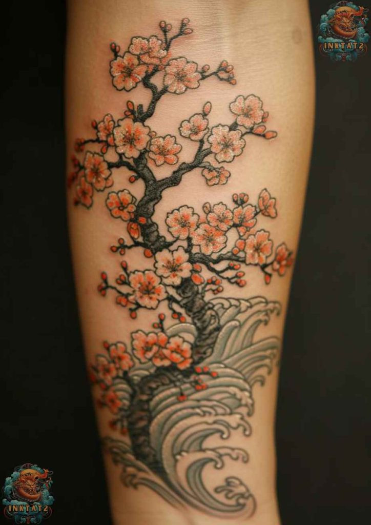 Cherry blossom tree tattoo with a design that uses black and grey ink for a classic look.