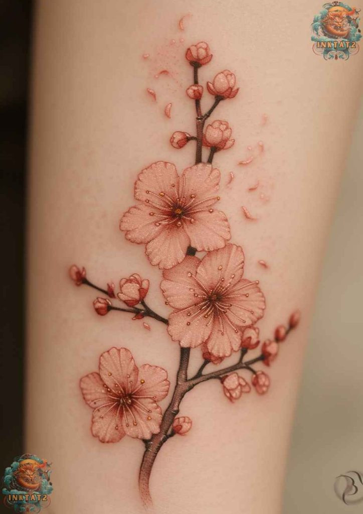 Sakura tree tattoo with a vibrant pink and red color scheme, passion and vitality