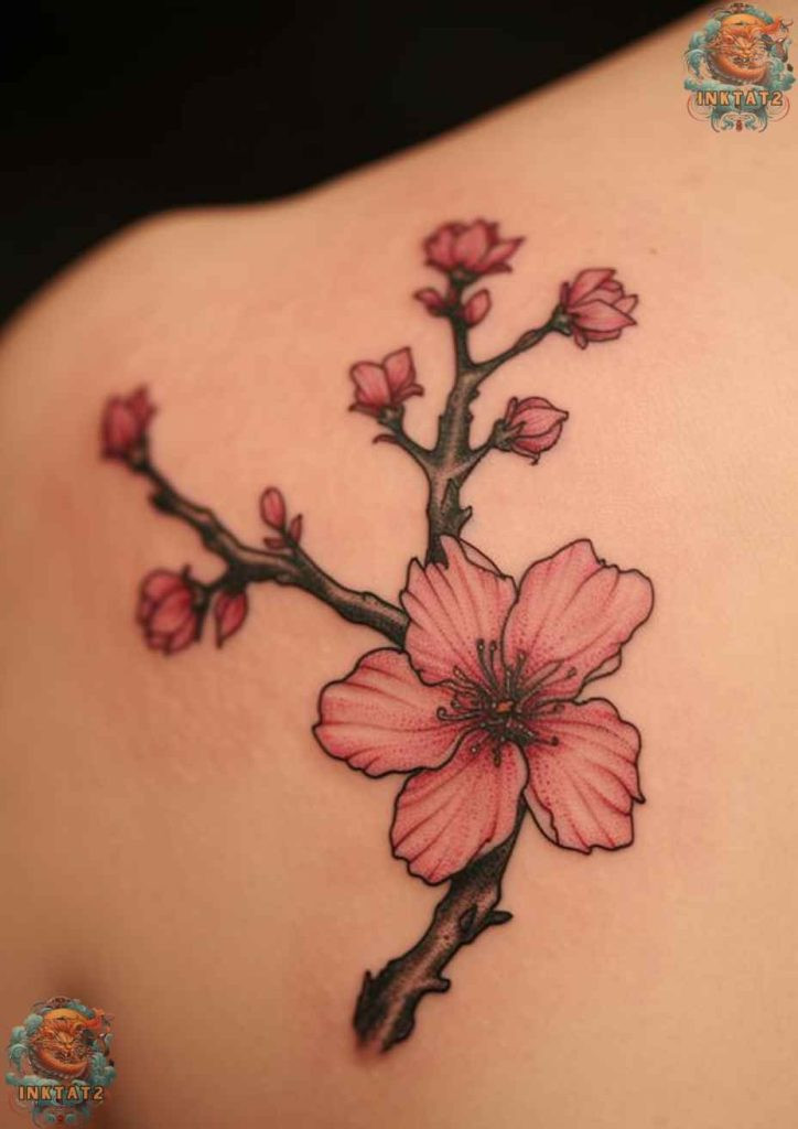 Cherry blossom tree tattoo with a design that uses vibrant colors to create a lively and energetic feel.