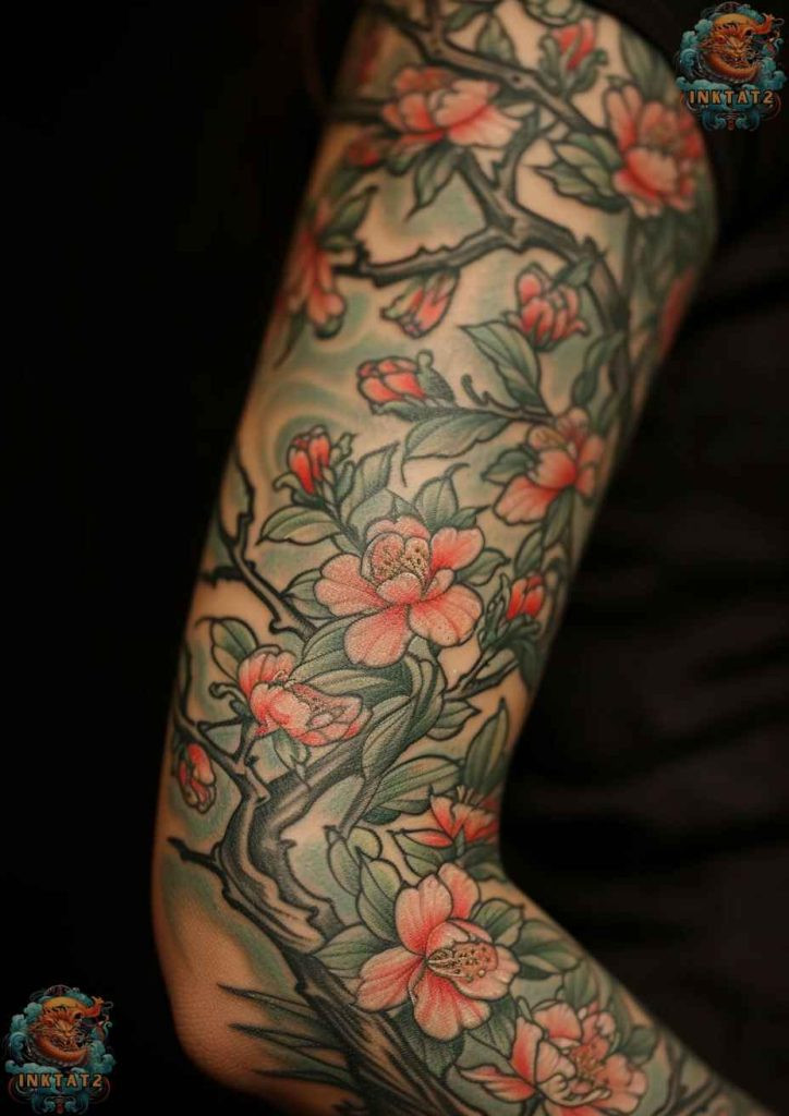 Cherry blossom tree tattoo with a design that features a pair of birds perched on a branch.