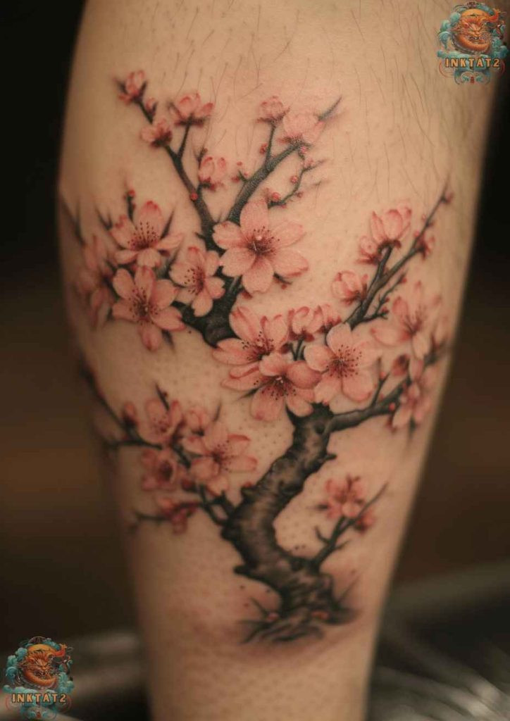 Sakura blossom tattoo with Chinese calligraphy, blending cultural symbols