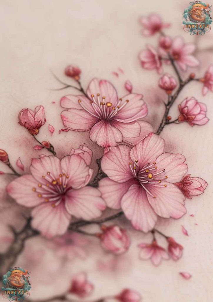 Sakura blossom tattoo with a vibrant pink and purple color scheme, vivid life