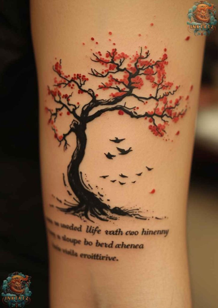 Sakura tree tattoo with a minimalist outline design, modern and chic style