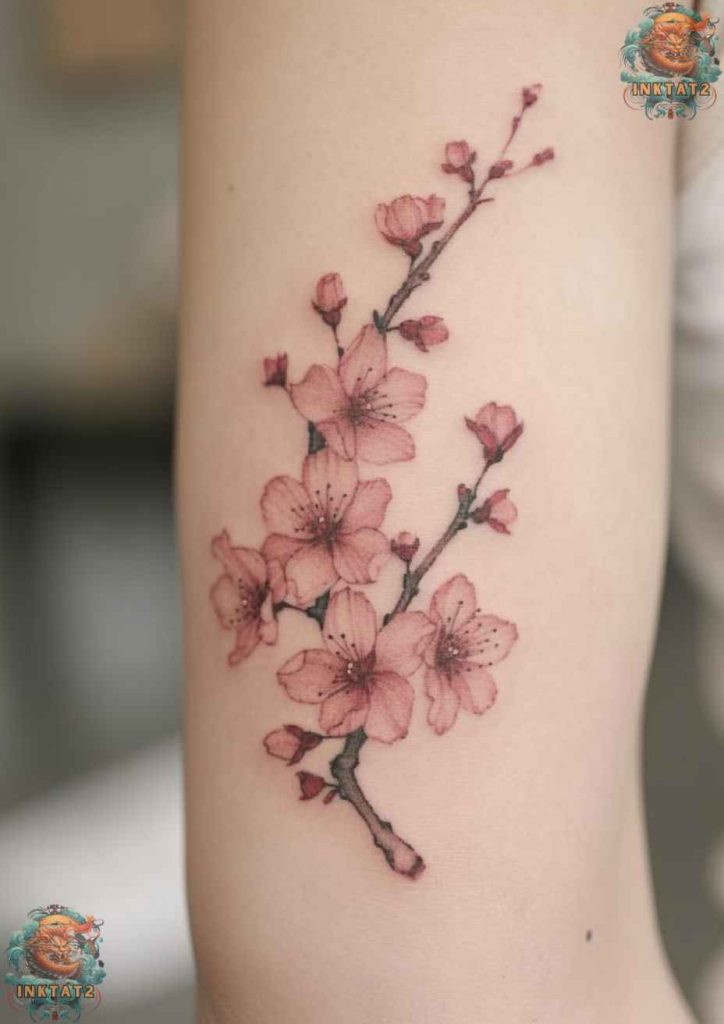 Cherry blossom tree tattoo with a design that incorporates Japanese calligraphy symbols.