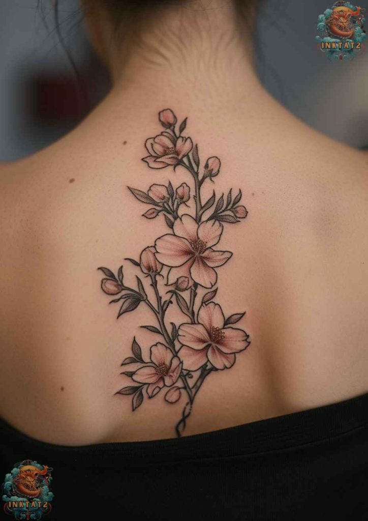 Sakura blossom tattoo with a scattering of petals in the wind, transience