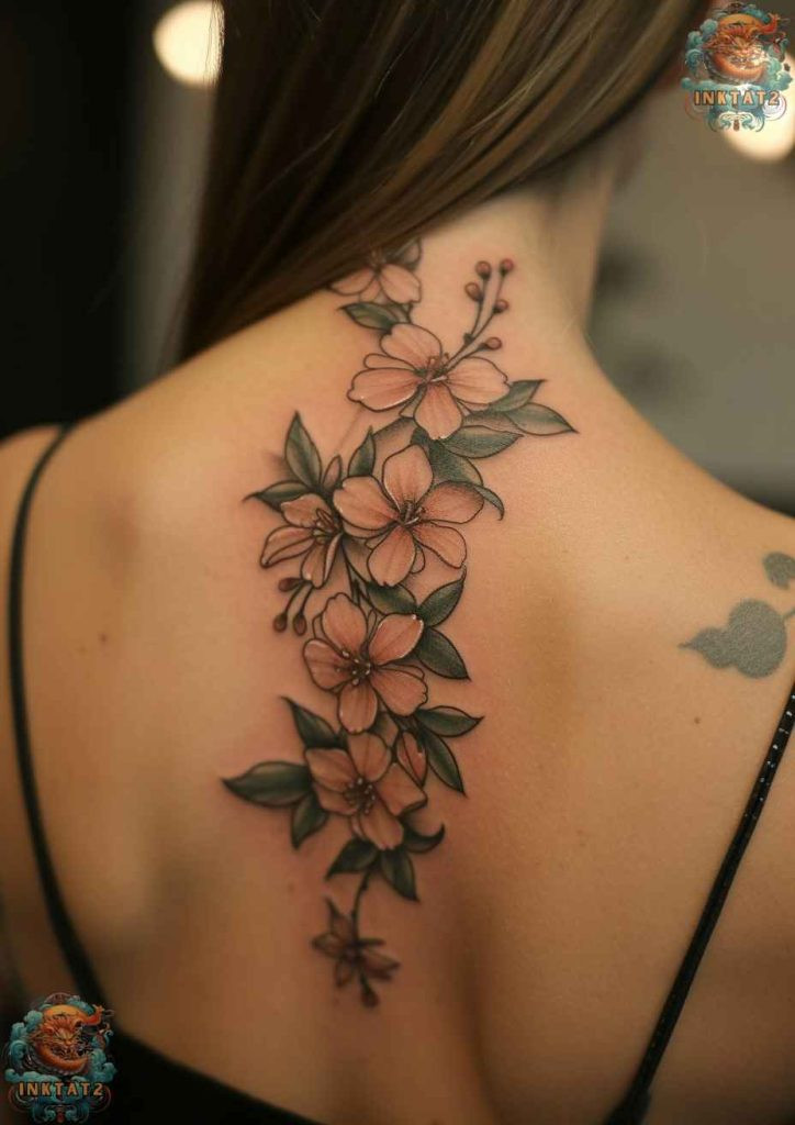 Cherry blossom tree tattoo with a branch that extends across the shoulder and down the arm.