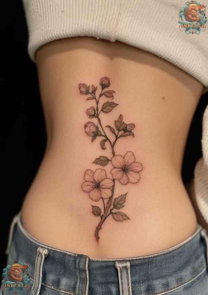 Cherry blossom tree tattoo with a branch that extends across the upper back and shoulders.