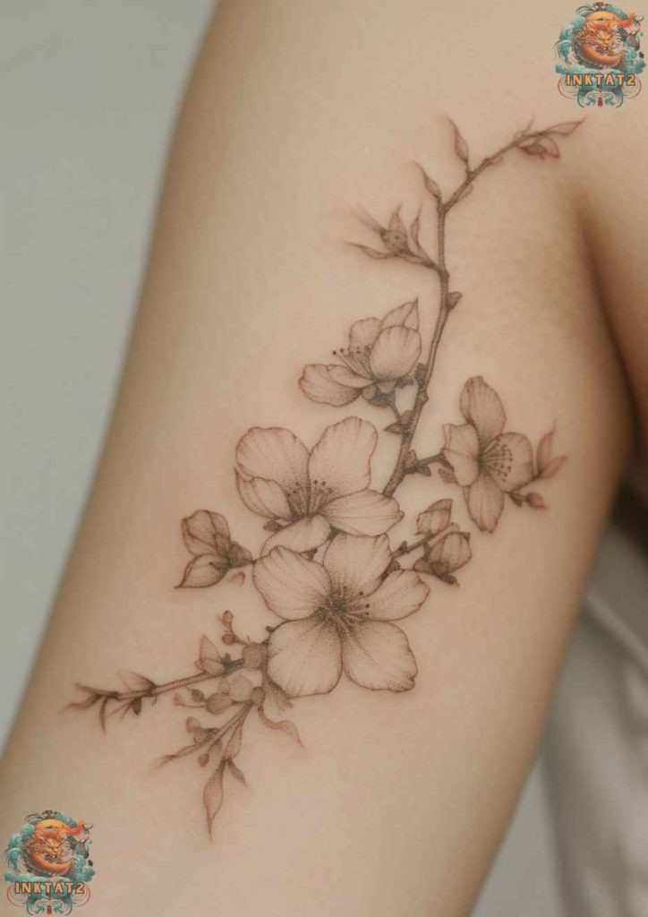 Cherry blossom tree tattoo with a design that uses soft shading to create a gentle and airy feel.