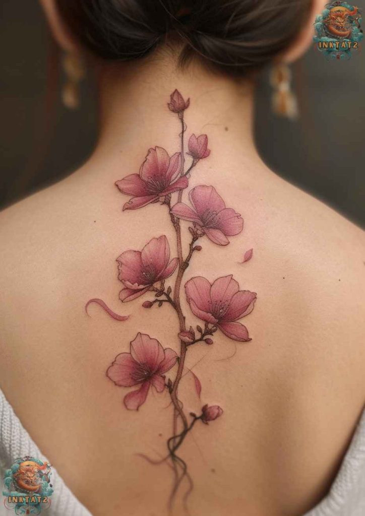 Cherry blossom tree tattoo with a branch that extends across the ribs and waist area.