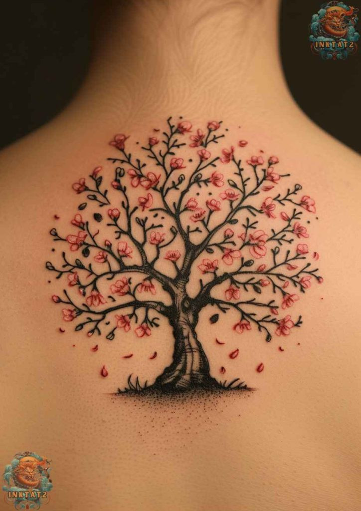 Cherry blossom tree tattoo with a design that includes a ladybug, representing luck.