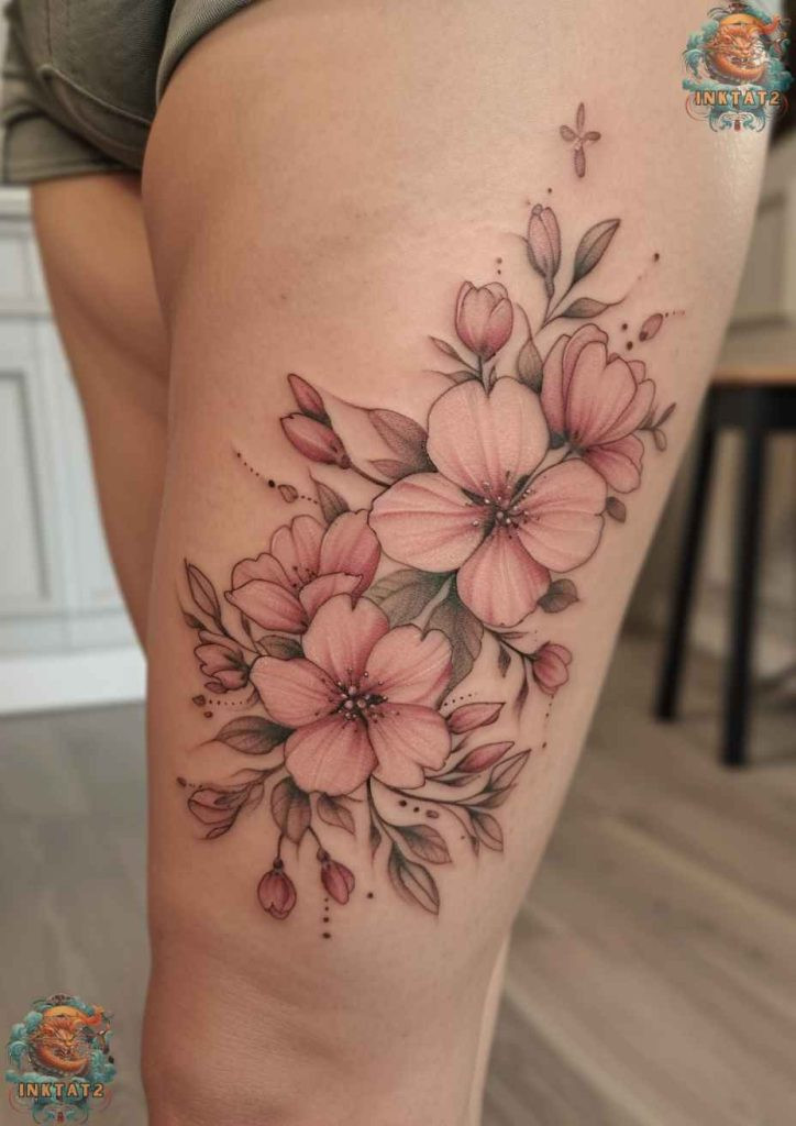 Cherry blossom tree tattoo with a design that uses a limited color palette for a minimalist look.