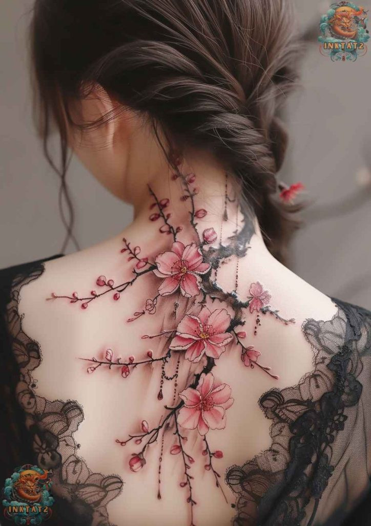 Cherry blossom tree tattoo with a design that incorporates a compass rose, symbolizing guidance.