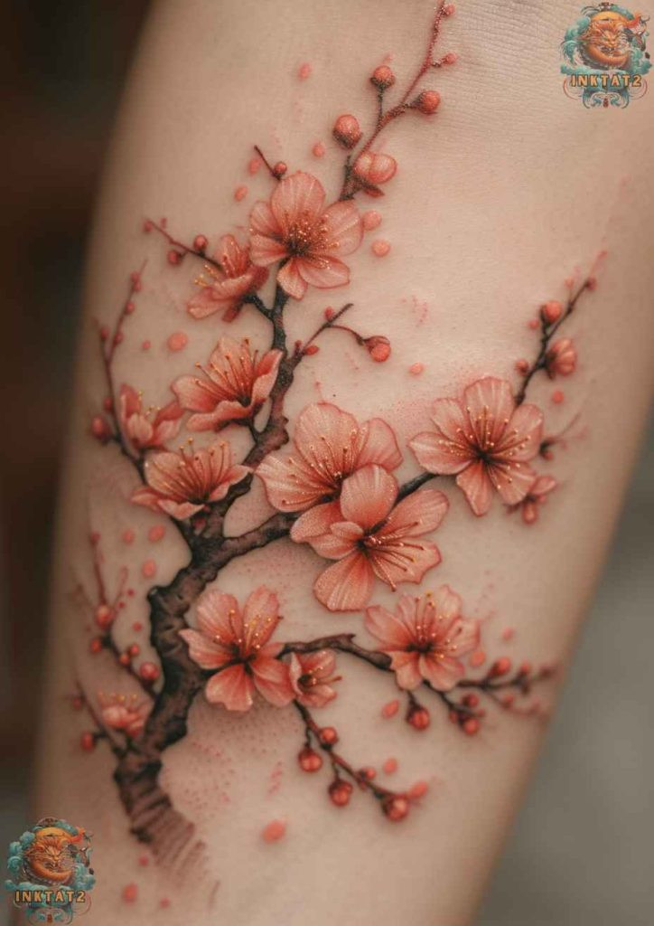 Cherry blossom tree tattoo with a design that incorporates a mandala pattern within the tree shape.