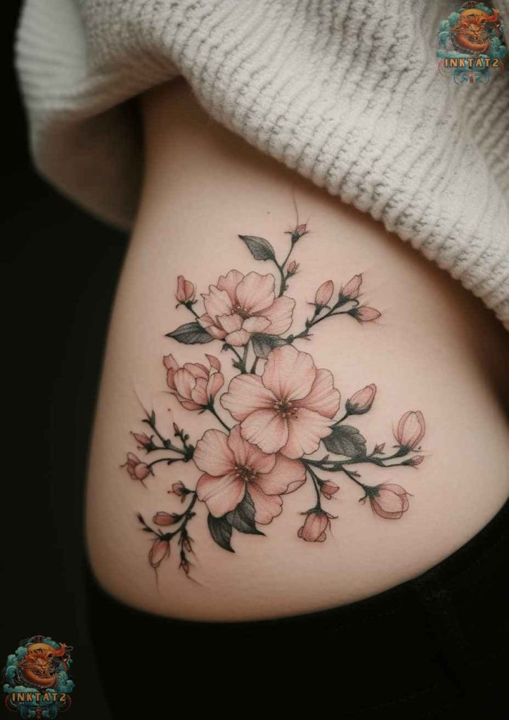 Sakura blossom tattoo with a detailed petal arrangement, natural beauty focus