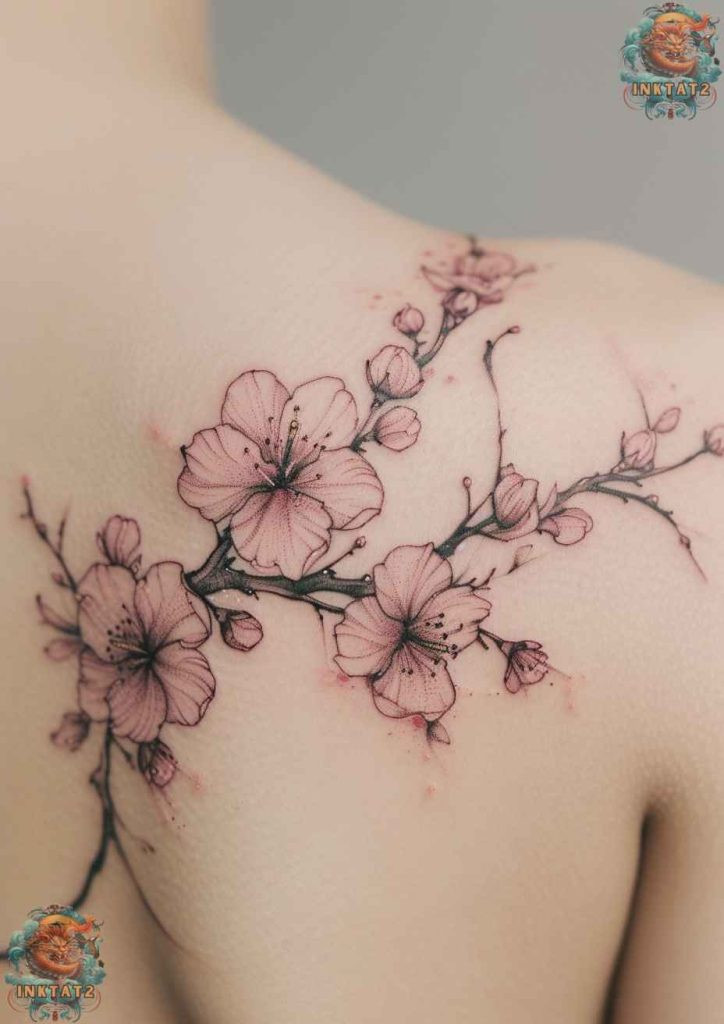 Cherry blossom tree tattoo with a design that features a paper crane in flight among blossoms.