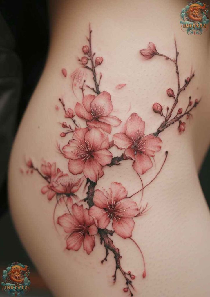 Cherry blossom tree tattoo with a design that features a butterfly emerging from a cocoon.