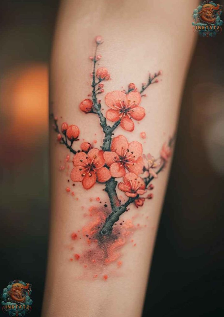 Sakura blossom tattoo with a focus on the flower's center, intricate detail