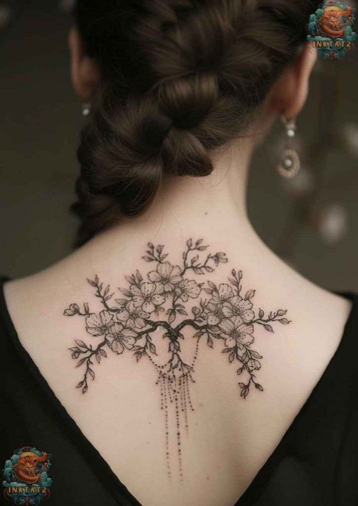 Cherry blossom tree tattoo with a design that incorporates a dreamcatcher with falling petals.