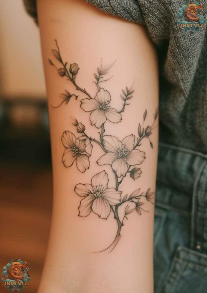 Cherry blossom tree tattoo with a branch that extends across the back of the neck and shoulders.