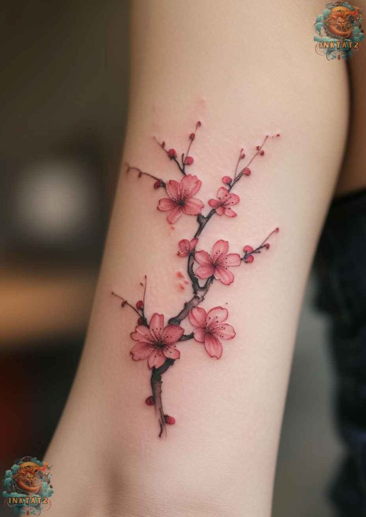 Sakura blossom tattoo with a scattering of petals, symbolizing fleeting moments