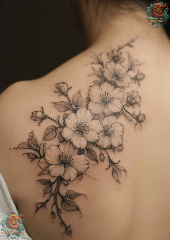 Cherry blossom tree tattoo with a design that uses negative space to create blossom shapes.