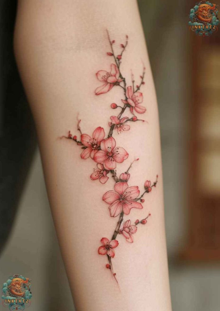 Sakura tree tattoo with a minimalist branch and blossoms, understated chic