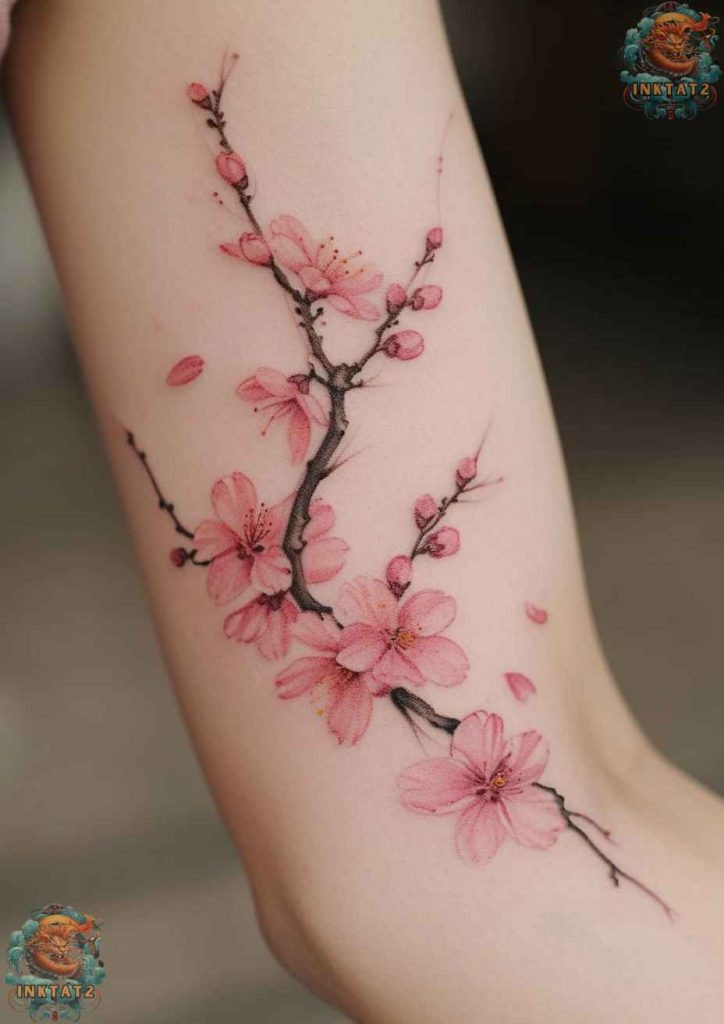 Cherry blossom tree tattoo with a design that features a ladybug on a petal, symbolizing good luck.