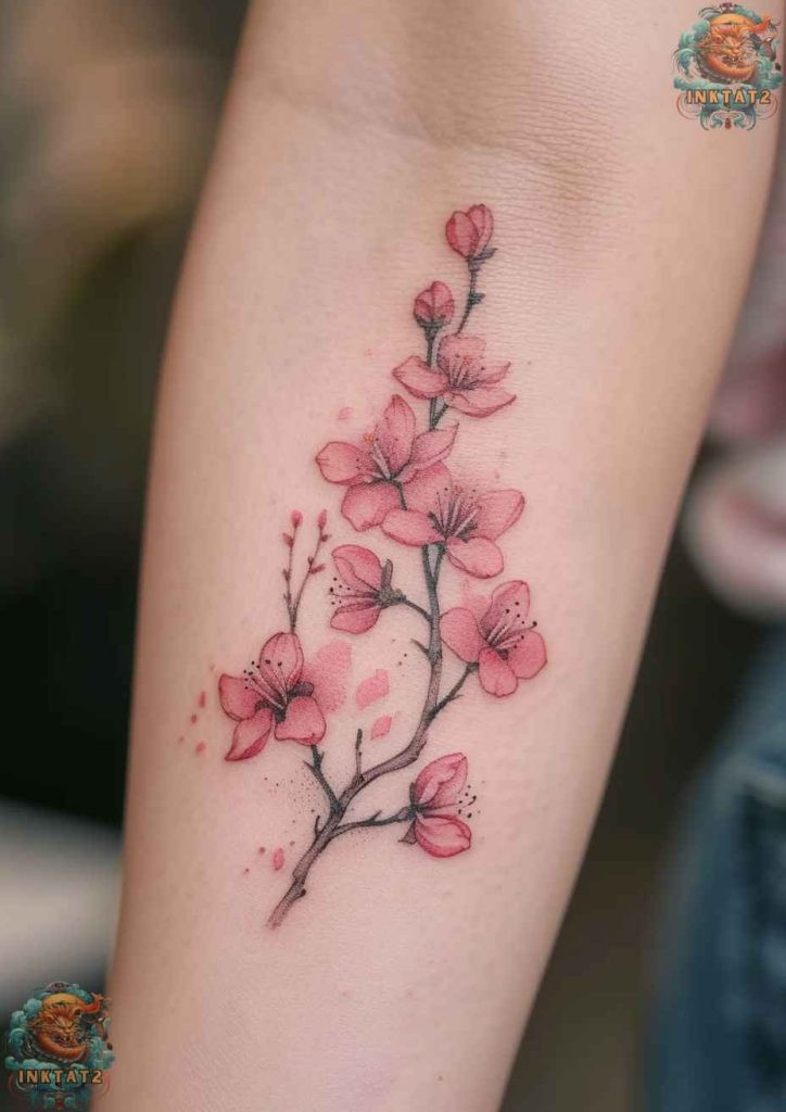 Cherry blossom tree tattoo with a design that incorporates a dream catcher with delicate blossoms.