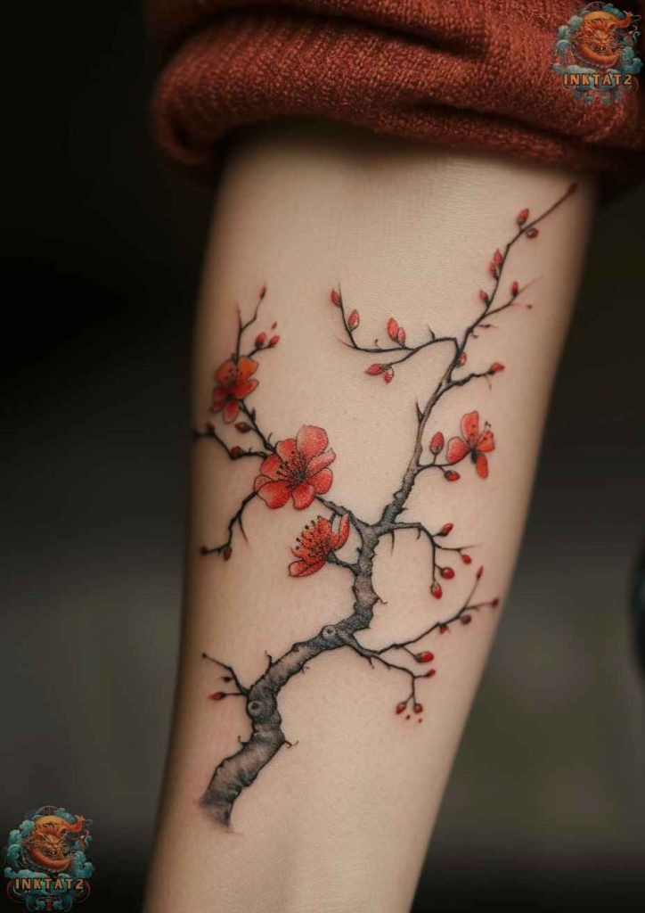 Sakura blossom tattoo with a vibrant pink and purple color palette, vivid life