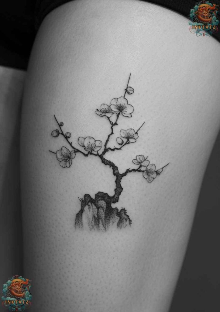 Cherry blossom tree tattoo with a design that incorporates a lotus flower, symbolizing spiritual awakening.