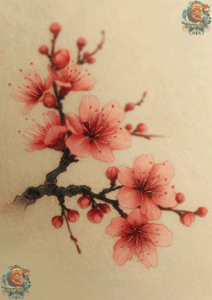 Cherry blossom tree tattoo with a branch that extends across the shoulder and down the side of the arm.