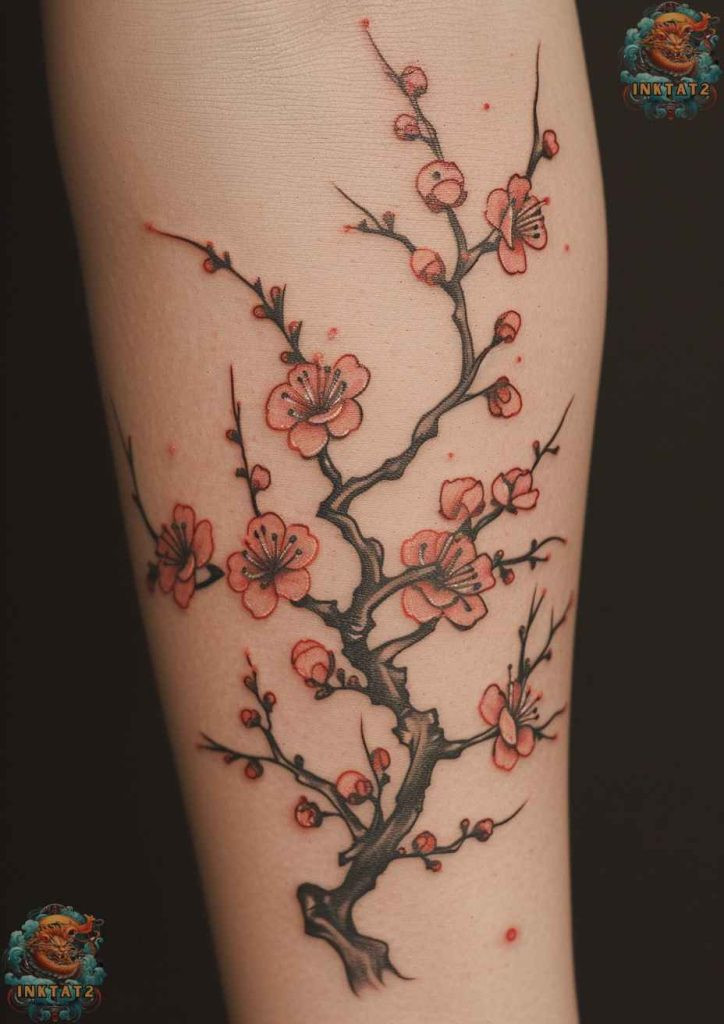 Sakura tree tattoo with a scattering of petals and leaves, natural flow and grace