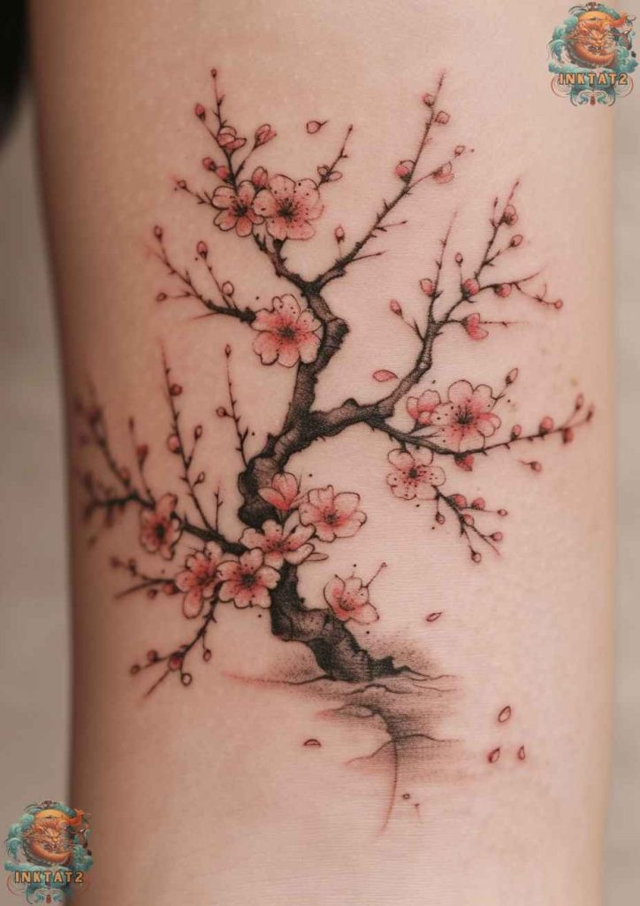 Cherry blossom tree tattoo with a design that incorporates a quote about embracing impermanence.