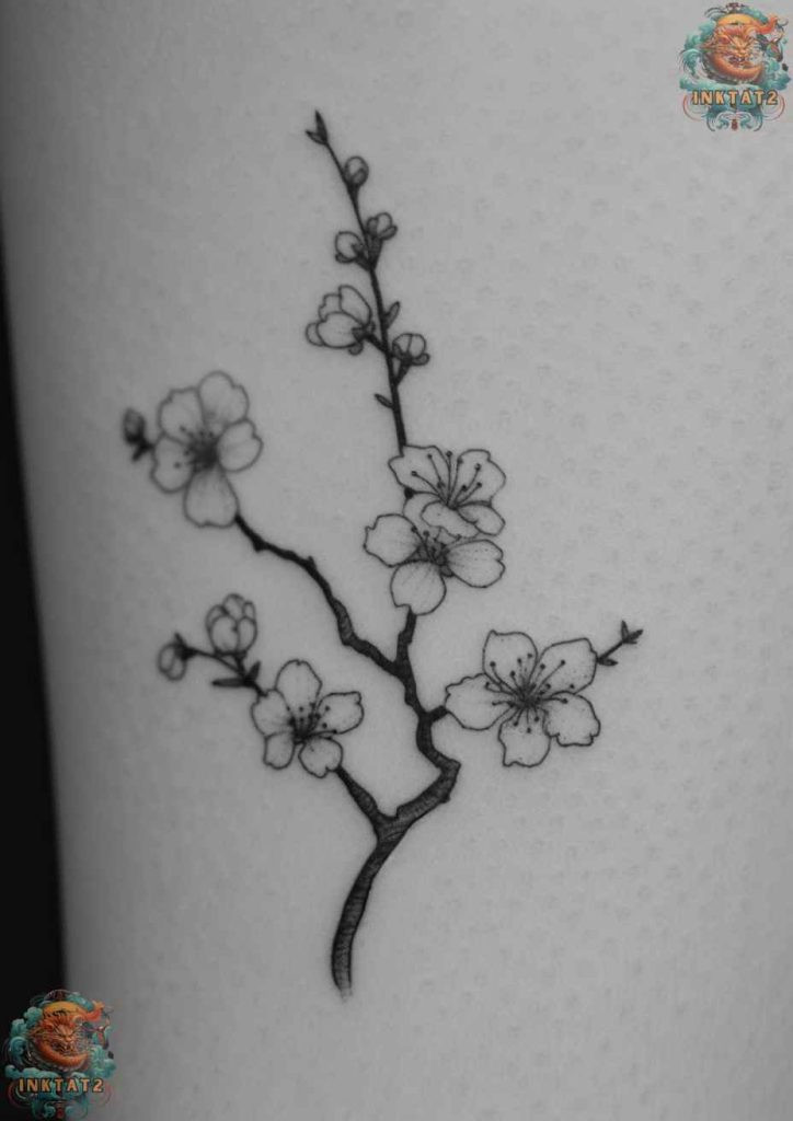 Cherry blossom tree tattoo with a design that features a quote about beauty in transience.