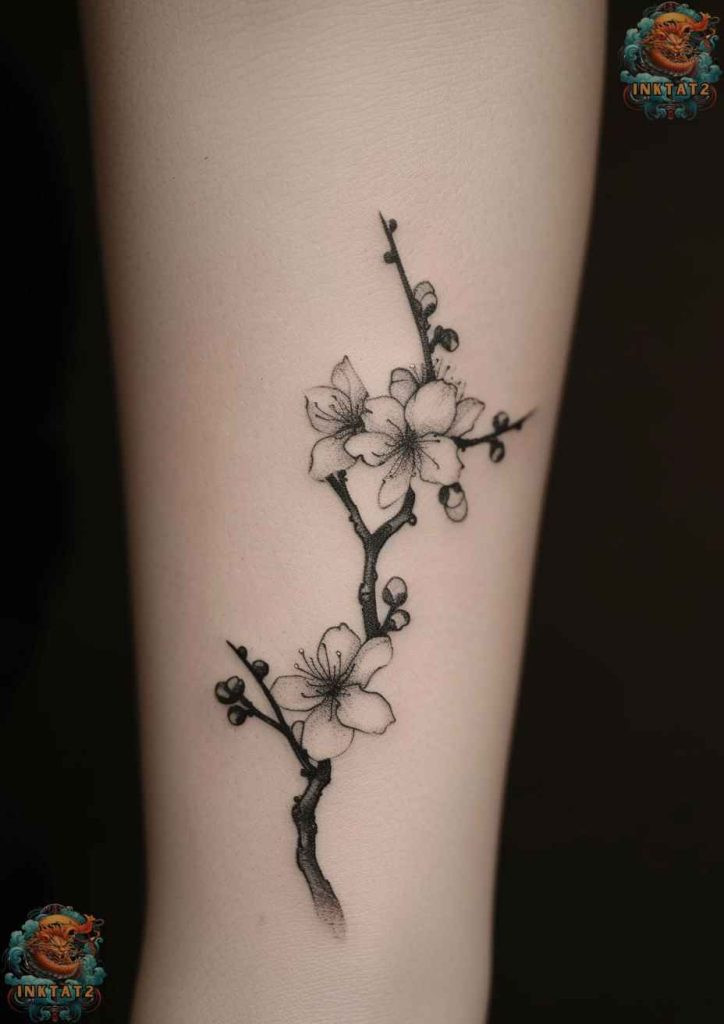 Cherry blossom tree tattoo with a design that incorporates a quote about living in the moment.