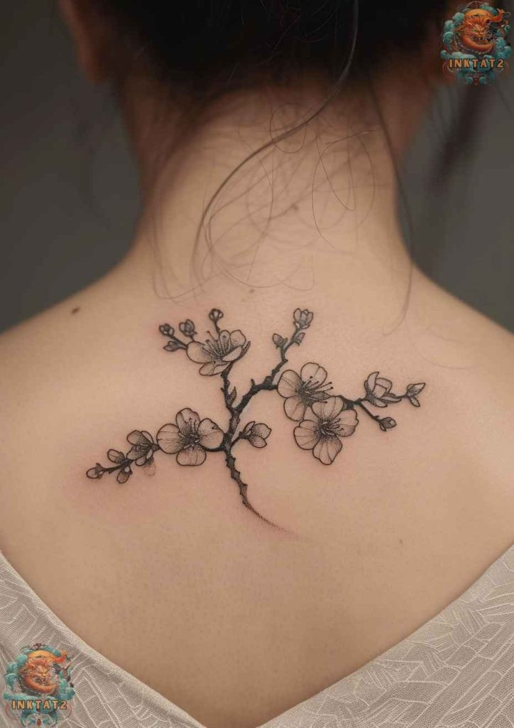 Sakura blossom tattoo with Chinese calligraphy, blending cultural meanings