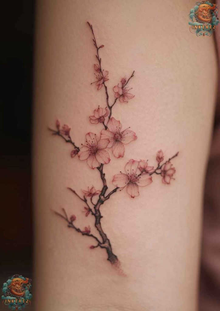 Sakura blossom tattoo with a traditional Japanese wave background, cultural art