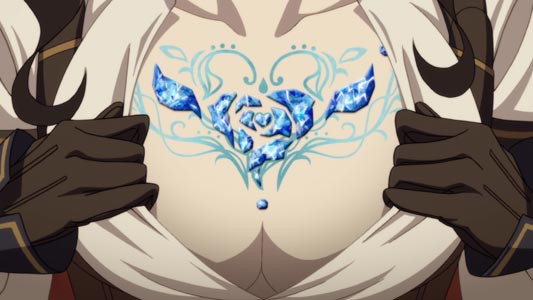 Cardia from Code:Realize, featuring a chest tattoo that could be interpreted as an inmon.
