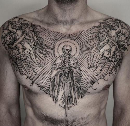 A chest tattoo with a detailed eagle design across a man's chest, bold and masculine