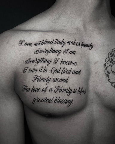 Chest tattoo phrases, showcasing personal inspiration and motivational quotes in readable font.