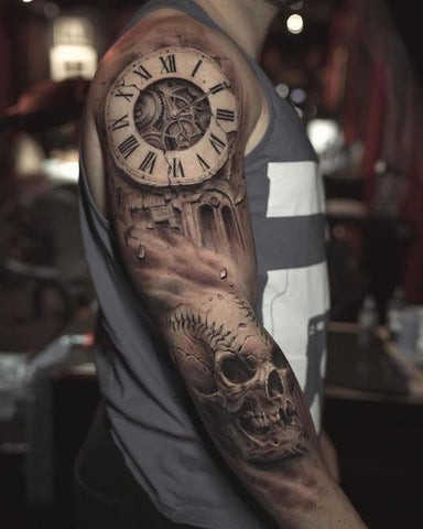 Clock sleeve tattoo featuring pocket watches, gears, and roses in a vintage style