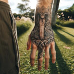 A geometric cobra tattoo on the back of a man’s hand