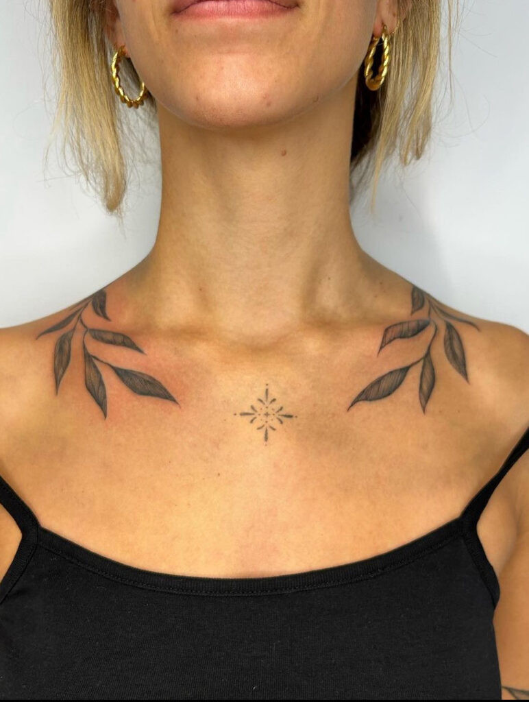 Matchy simple leaves collarbone tattoos