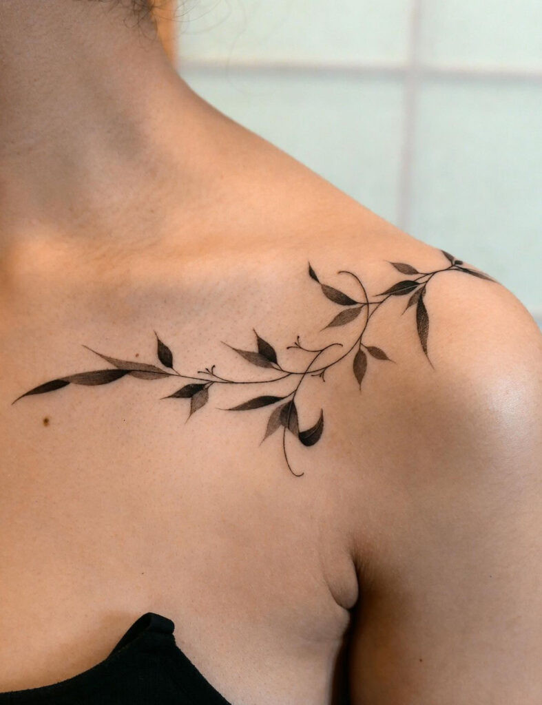 Roses and scattered petals collarbone tattoo