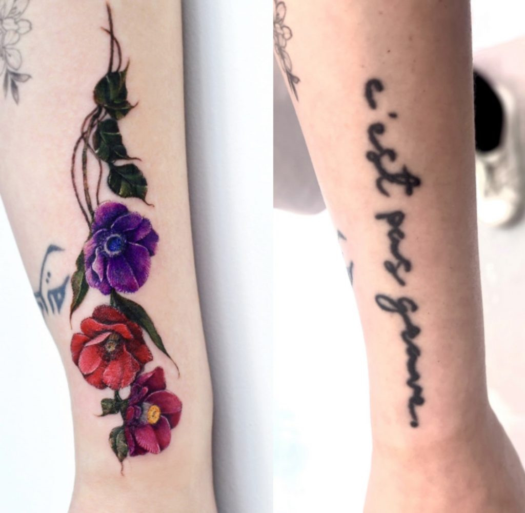 Dramatic before and after of a tattoo cover-up by Yerae, demonstrating her expertise in floral tattoo transformations and scar concealment.