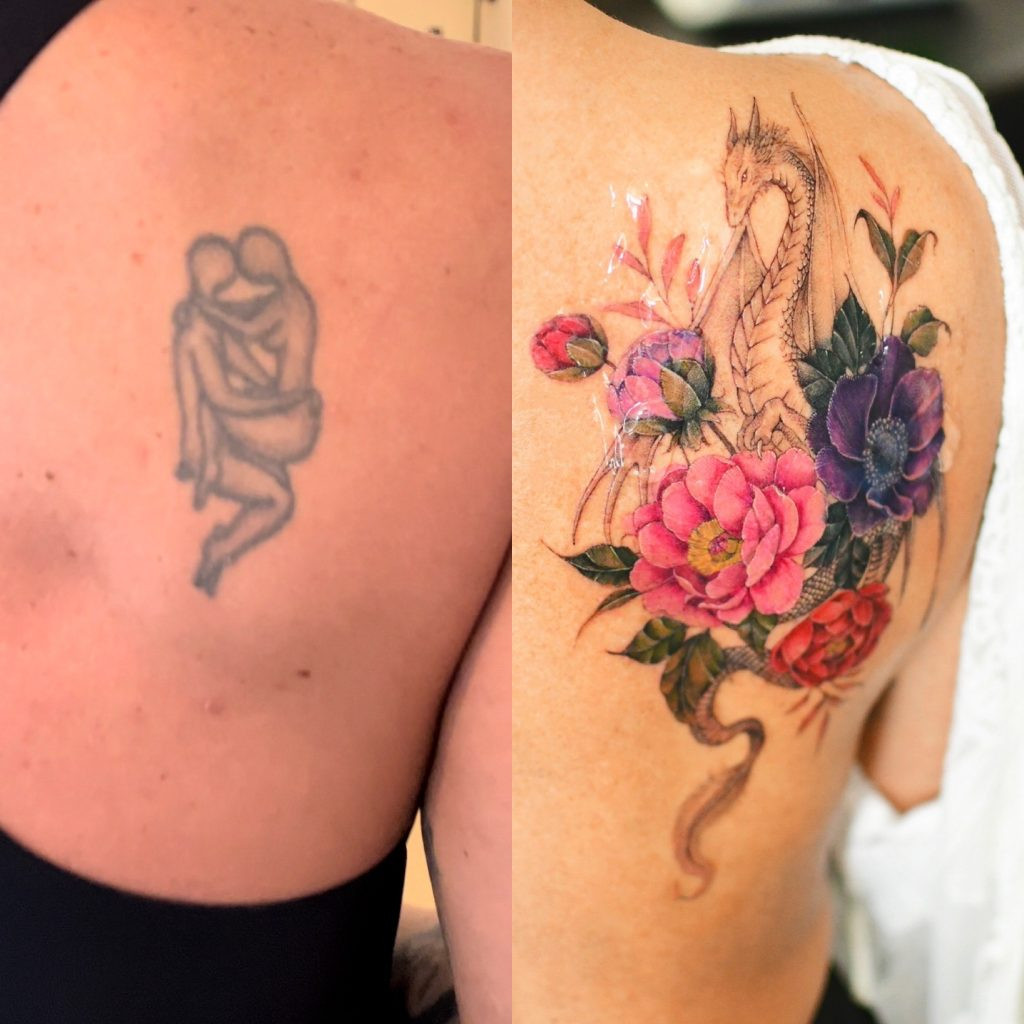 Before and after of a cover-up tattoo by Yerae, highlighting the effectiveness of floral designs in tattoo transformations.