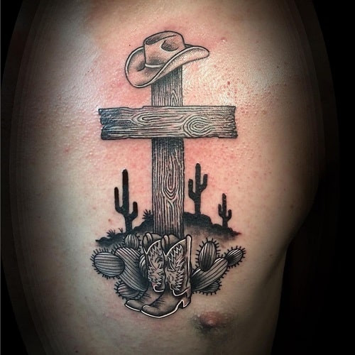 Cowboy cross tattoo with rope and western elements