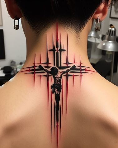 A man with a detailed and ornate cross neck tattoo design