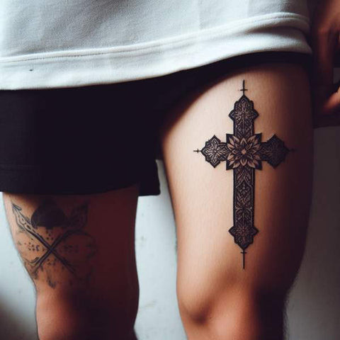 Simple black ink cross thigh tattoo for men.